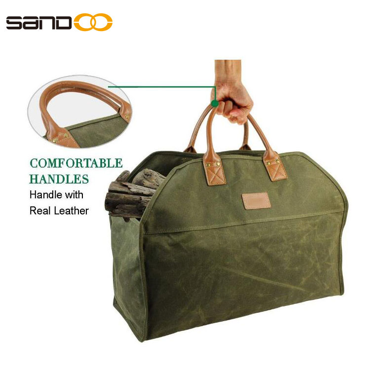 Waxed Canvas Firewood Carrier Tote Bag Strong Handle Log Holder Heavy Duty Green